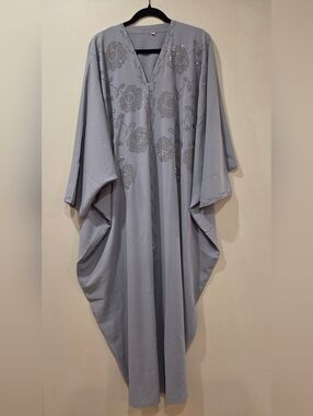 Embellished Light Gray Women's Kaftan Abaya Dress